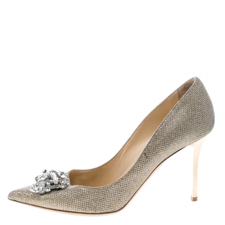 Pre Owned Jimmy Choo Metallic Gold Lamè Glitter Fabric Mamey Crystal Embellished Pointed Toe Pumps Size 36.5