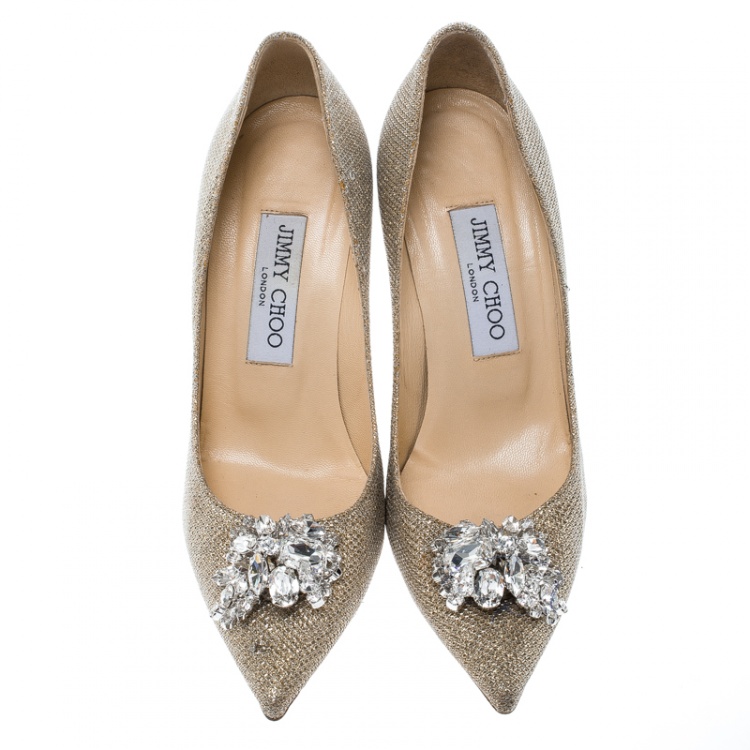 Pre Owned Jimmy Choo Metallic Gold Lamè Glitter Fabric Mamey Crystal Embellished Pointed Toe Pumps Size 36.5