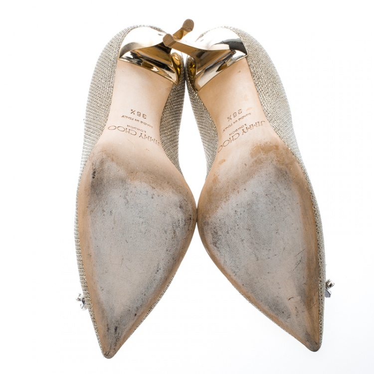 Pre Owned Jimmy Choo Metallic Gold Lamè Glitter Fabric Mamey Crystal Embellished Pointed Toe Pumps Size 36.5