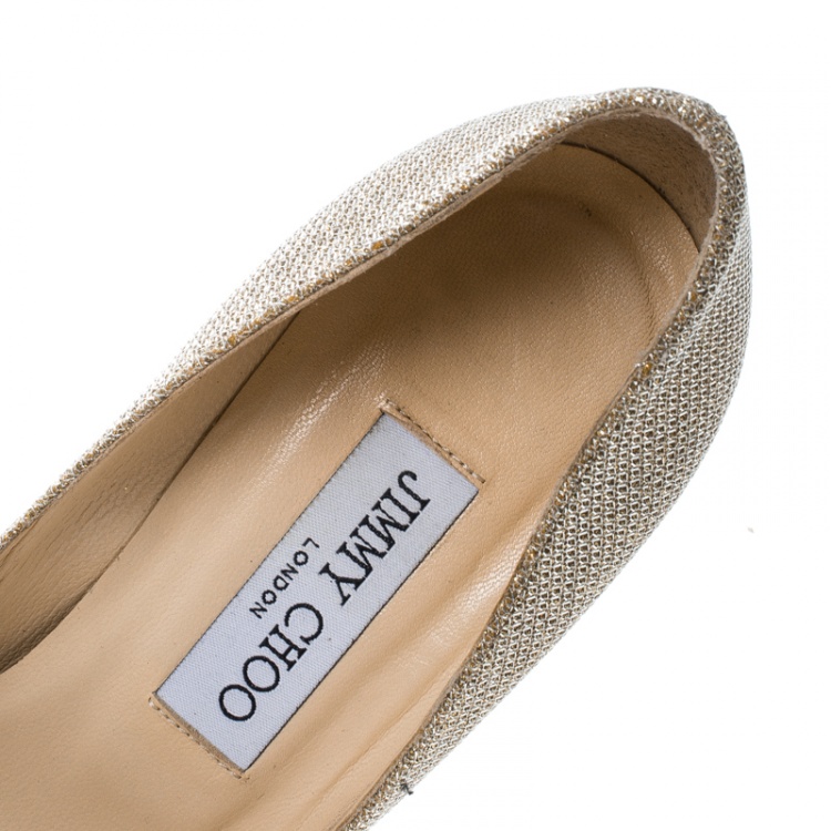Pre Owned Jimmy Choo Metallic Gold Lamè Glitter Fabric Mamey Crystal Embellished Pointed Toe Pumps Size 36.5