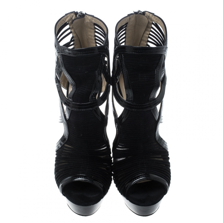 Pre Owned Jimmy Choo Black Patent Leather Emily Wedge Platform Booties Size 38.5