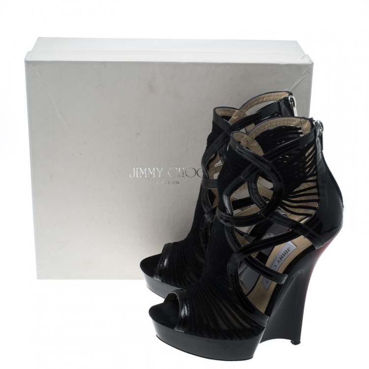 Pre Owned Jimmy Choo Black Patent Leather Emily Wedge Platform Booties Size 38.5