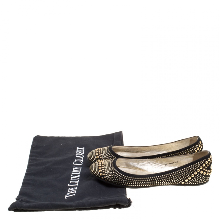 Pre Owned Jimmy Choo Black Suede Welda Studded Ballet Flats Size 37