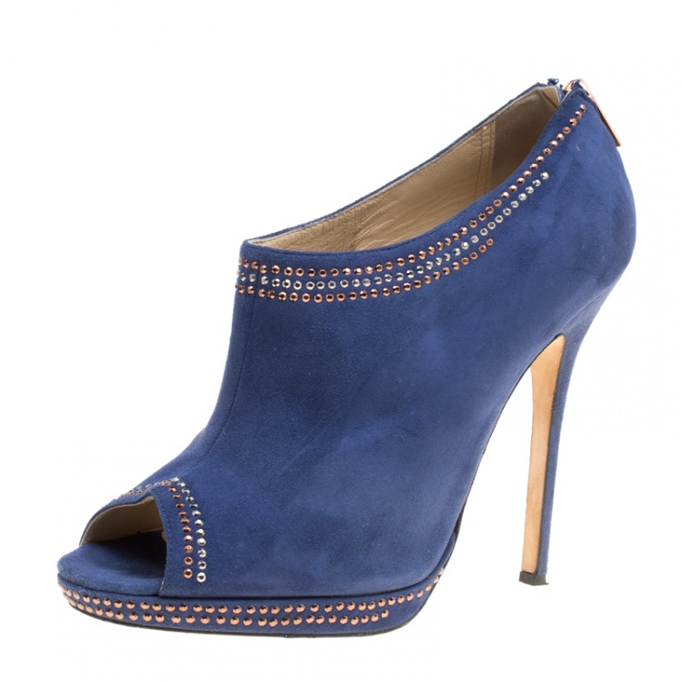 blue suede open toe booties