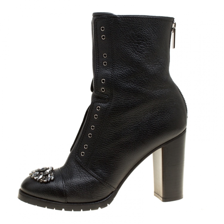 Pre Owned  Jimmy Choo Black Leather Crystal Embellished Datchet Ankle Boots Size 41