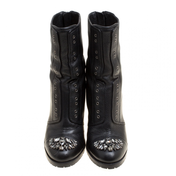 Pre Owned  Jimmy Choo Black Leather Crystal Embellished Datchet Ankle Boots Size 41