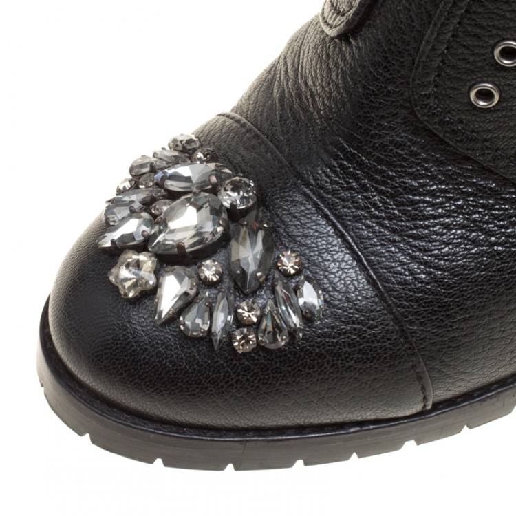 Pre Owned  Jimmy Choo Black Leather Crystal Embellished Datchet Ankle Boots Size 41