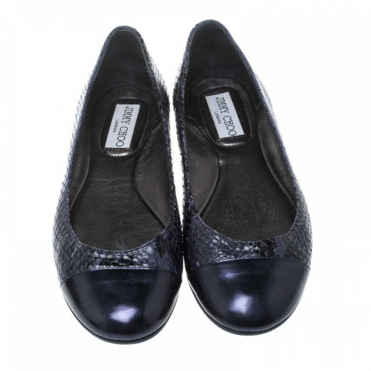 Pre Owned Jimmy Choo Blue Whirl Snake Embossed Leather Cap Toe Ballet Flats Size 36.5