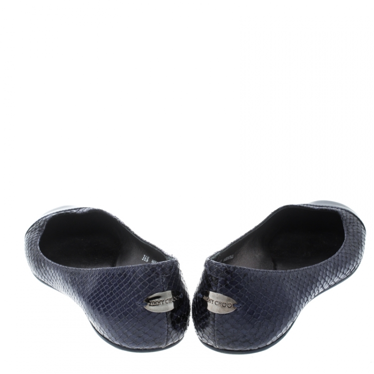 Pre Owned Jimmy Choo Blue Whirl Snake Embossed Leather Cap Toe Ballet Flats Size 36.5
