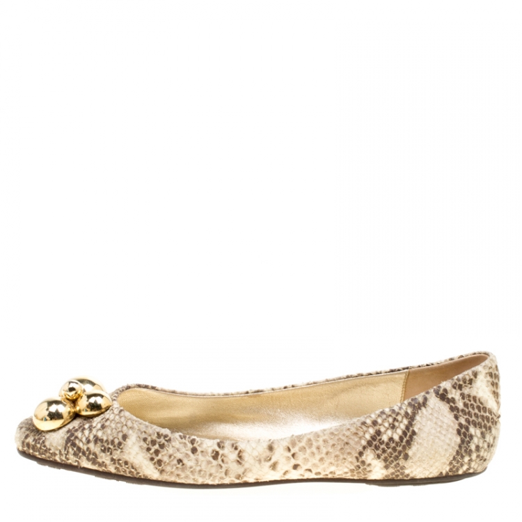 Pre Owned Jimmy Choo Beige Python Embossed Leather Ballet Flats Size 40.5