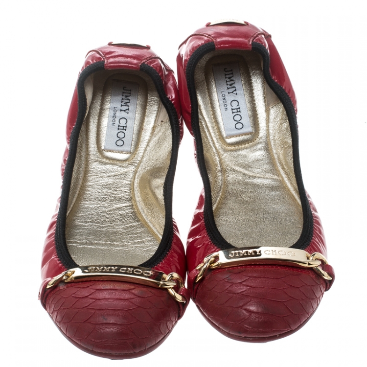 Pre Owned Jimmy Choo Red Patent Leather Wigmore Cap Toe Ballet Flats Size 39.5