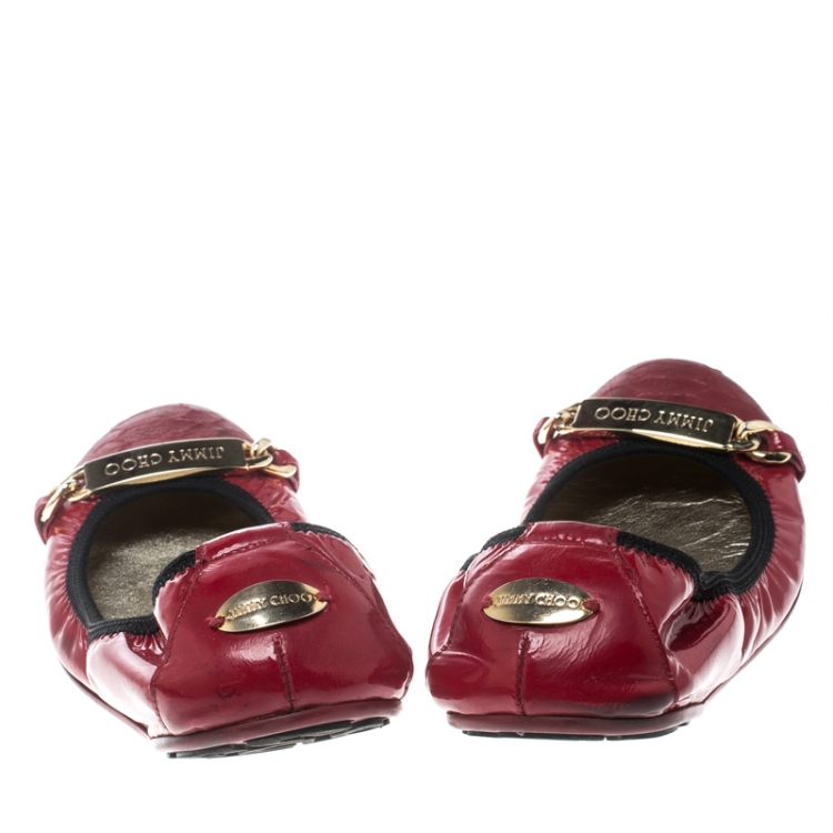 Pre Owned Jimmy Choo Red Patent Leather Wigmore Cap Toe Ballet Flats Size 39.5