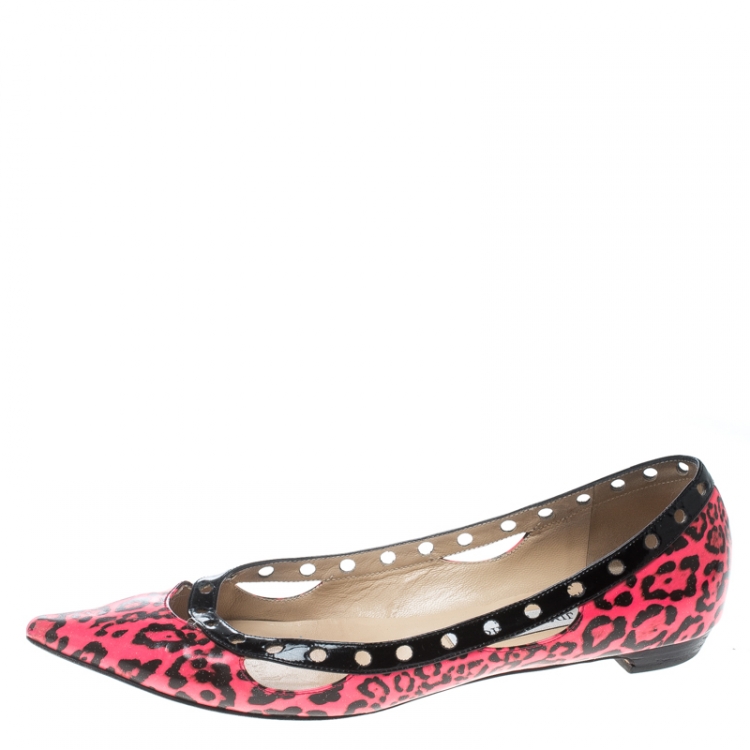 Pre Owned Jimmy Choo Pink/Black Leopard Print Patent Leather Ballet Flats Size 38.5
