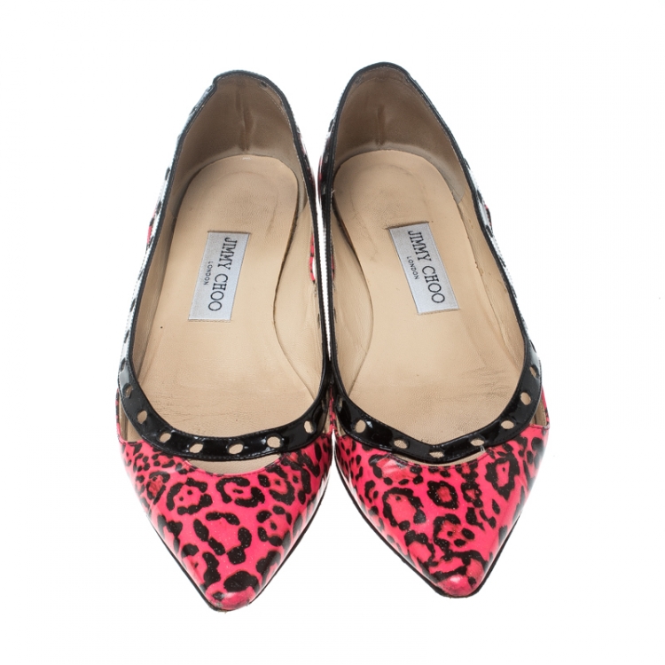 Pre Owned Jimmy Choo Pink/Black Leopard Print Patent Leather Ballet Flats Size 38.5