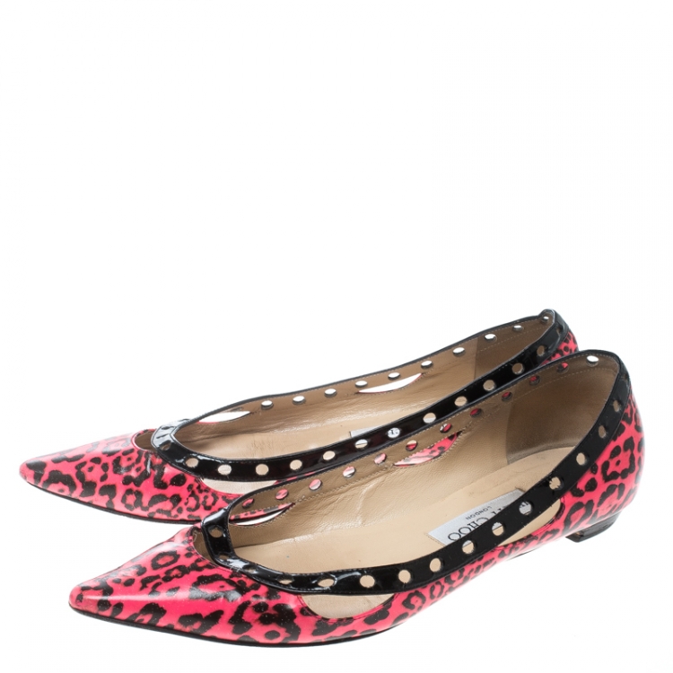 Pre Owned Jimmy Choo Pink/Black Leopard Print Patent Leather Ballet Flats Size 38.5