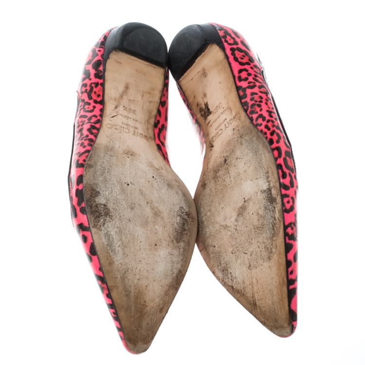 Pre Owned Jimmy Choo Pink/Black Leopard Print Patent Leather Ballet Flats Size 38.5
