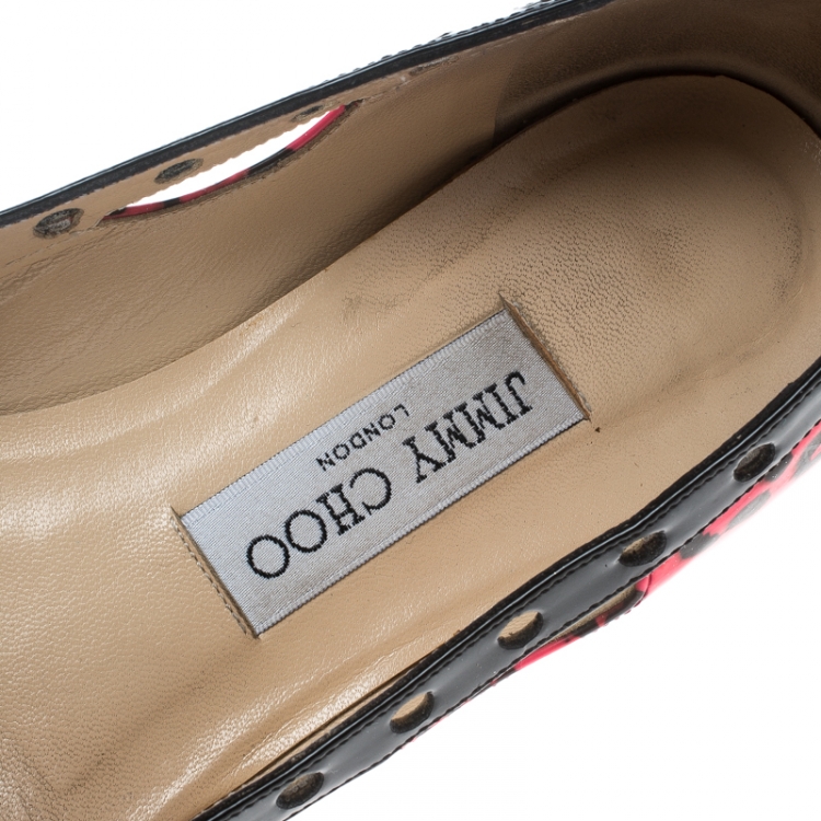 Pre Owned Jimmy Choo Pink/Black Leopard Print Patent Leather Ballet Flats Size 38.5