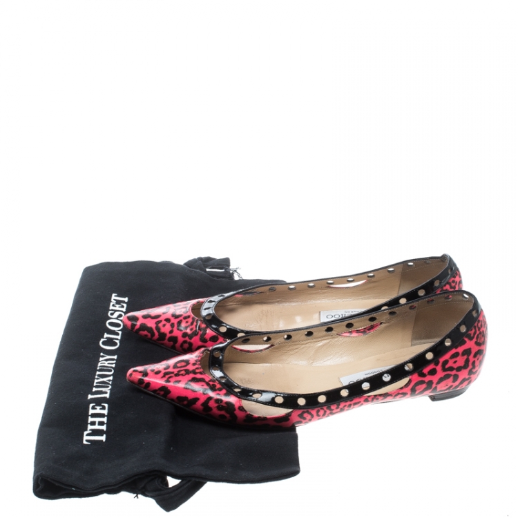 Pre Owned Jimmy Choo Pink/Black Leopard Print Patent Leather Ballet Flats Size 38.5