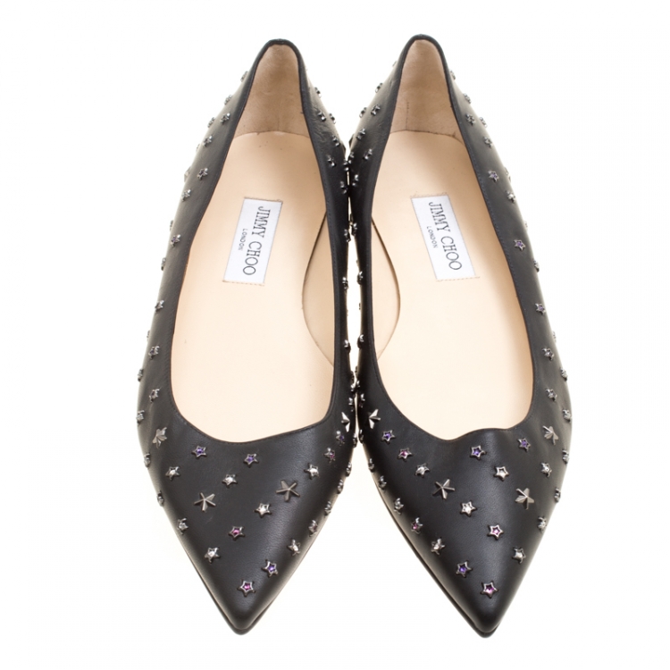 Pre Owned Jimmy Choo Black Leather Crystal Star Studded Pointed Toe Ballet Flats Size 41