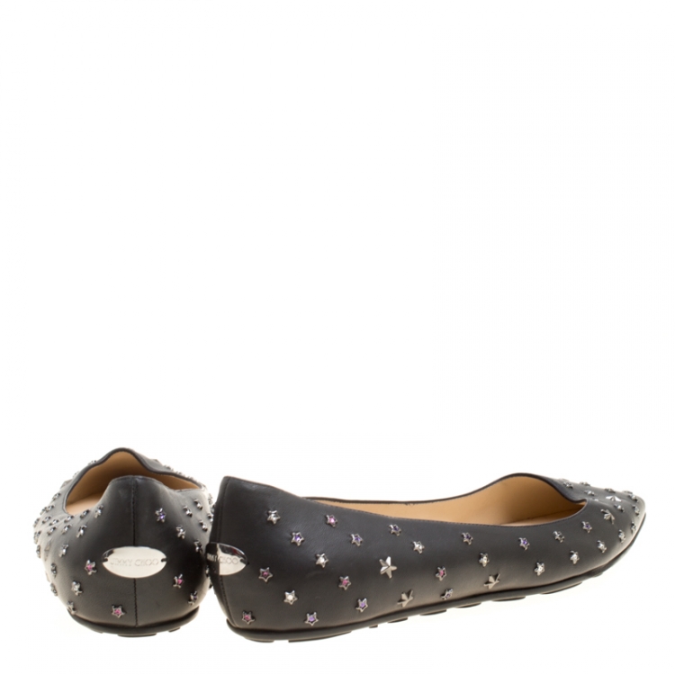 Pre Owned Jimmy Choo Black Leather Crystal Star Studded Pointed Toe Ballet Flats Size 41