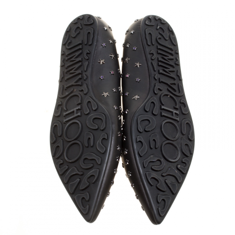 Pre Owned Jimmy Choo Black Leather Crystal Star Studded Pointed Toe Ballet Flats Size 41