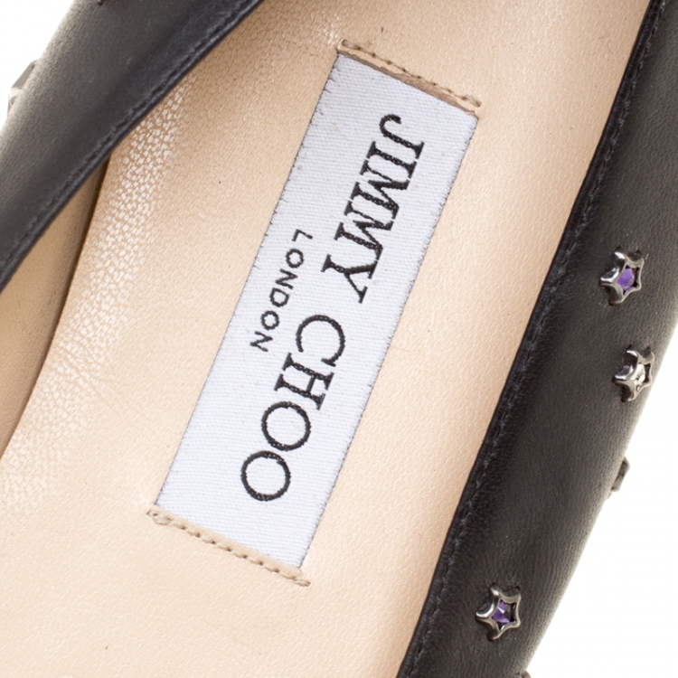 Pre Owned Jimmy Choo Black Leather Crystal Star Studded Pointed Toe Ballet Flats Size 41