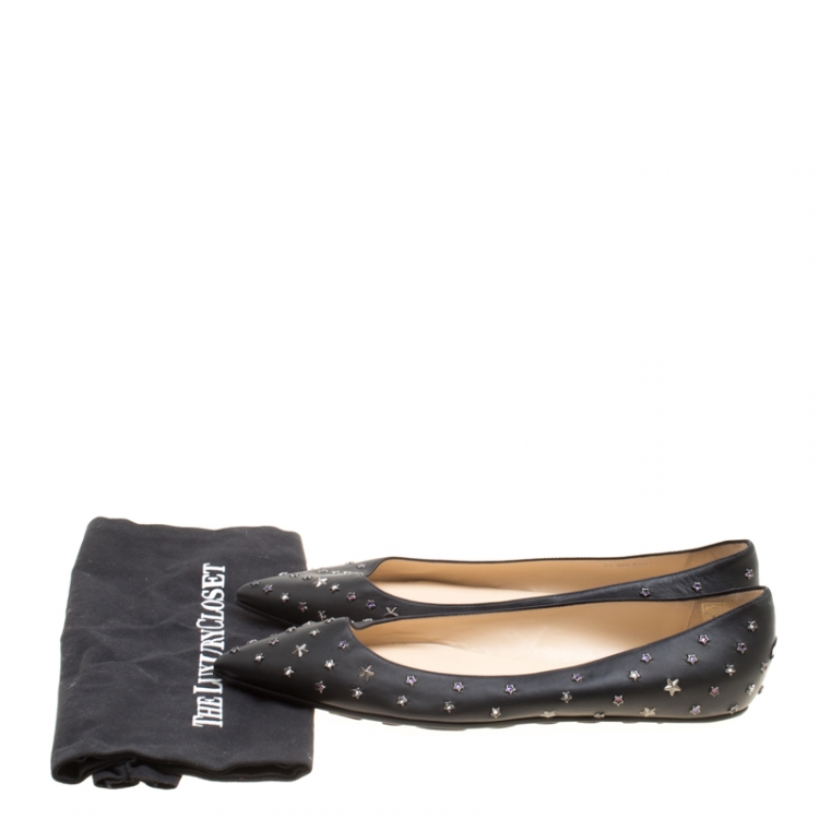 Pre Owned Jimmy Choo Black Leather Crystal Star Studded Pointed Toe Ballet Flats Size 41