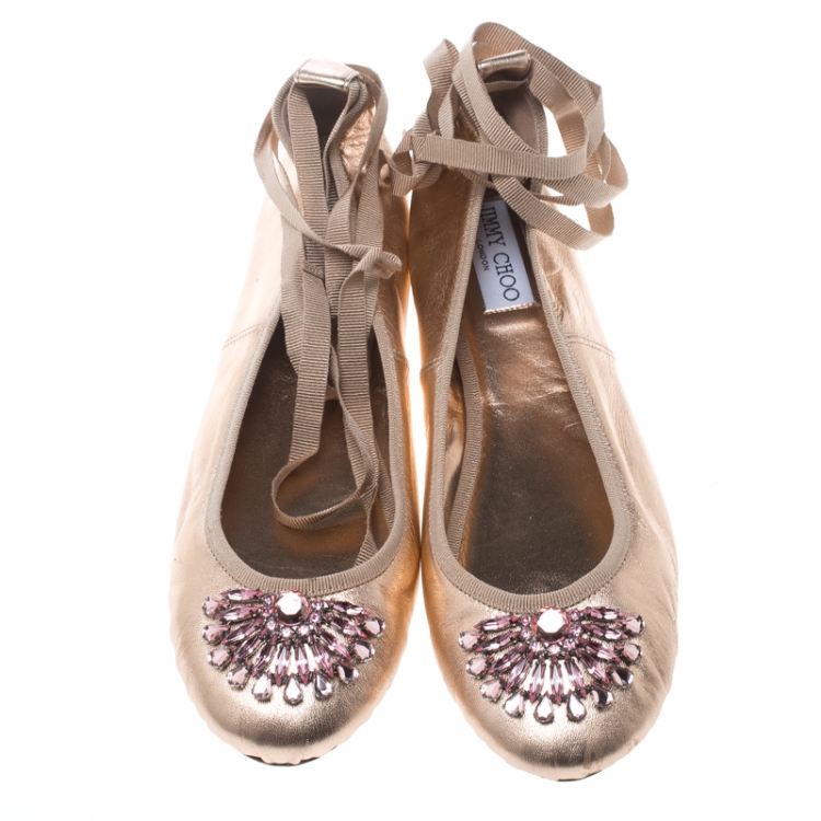 Pre Owned Jimmy Choo Metallic Rose Leather Grace Crystal Embellished Ankle Wrap Ballet Flats Size 40