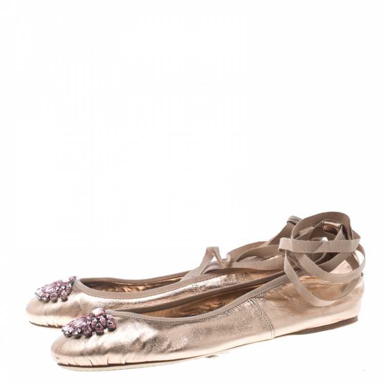 Pre Owned Jimmy Choo Metallic Rose Leather Grace Crystal Embellished Ankle Wrap Ballet Flats Size 40