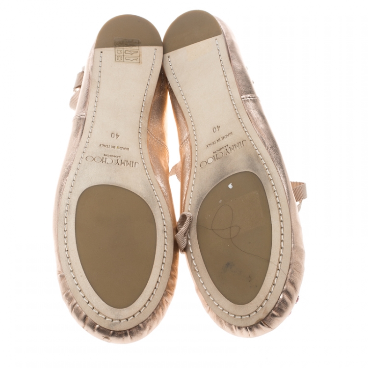 Pre Owned Jimmy Choo Metallic Rose Leather Grace Crystal Embellished Ankle Wrap Ballet Flats Size 40