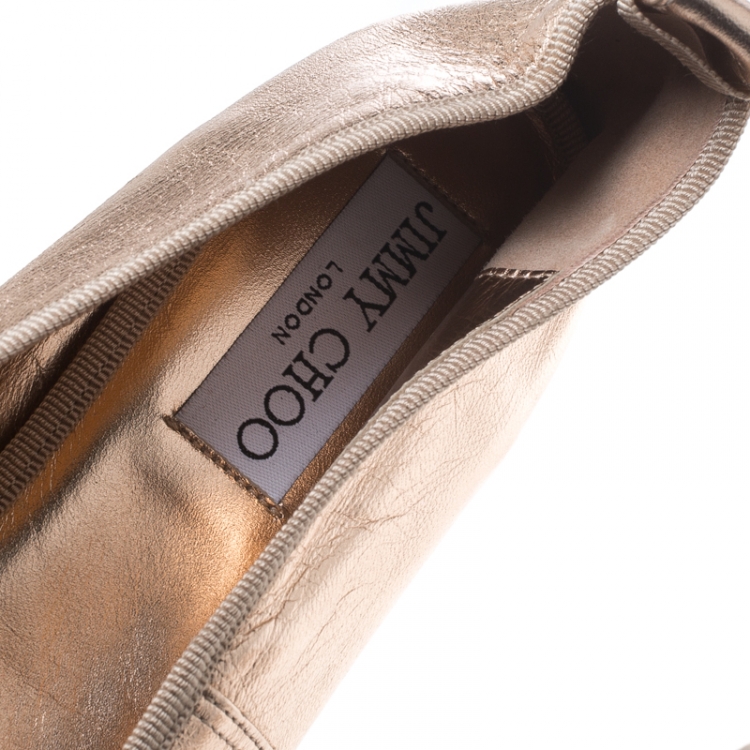 Pre Owned Jimmy Choo Metallic Rose Leather Grace Crystal Embellished Ankle Wrap Ballet Flats Size 40