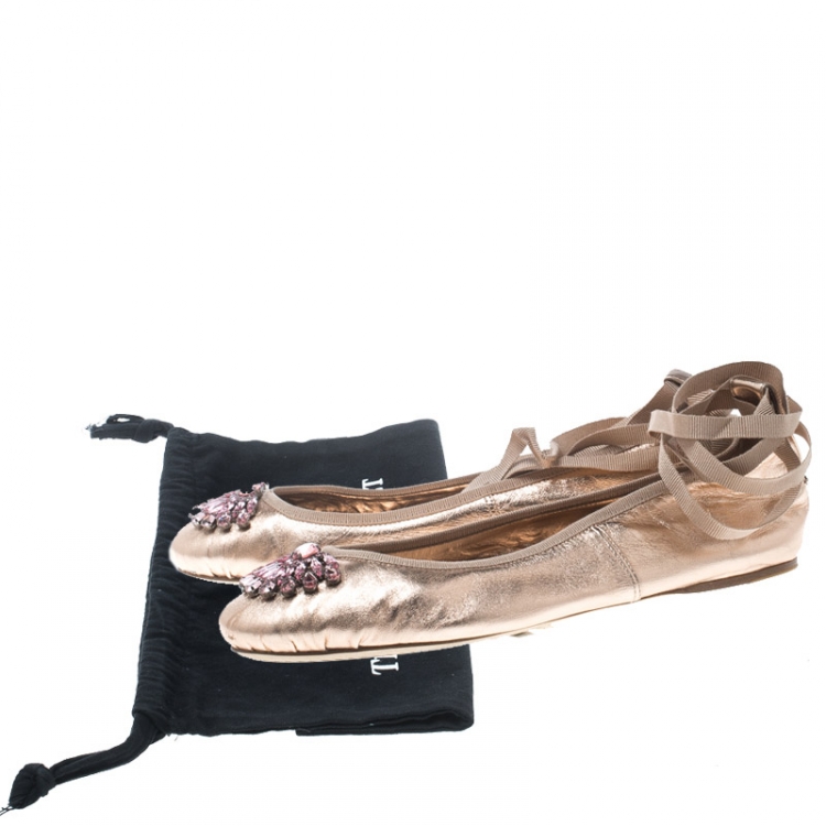 Pre Owned Jimmy Choo Metallic Rose Leather Grace Crystal Embellished Ankle Wrap Ballet Flats Size 40