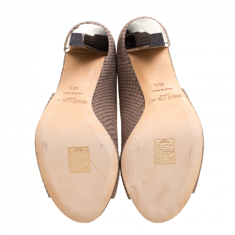 Pre Owned Jimmy Choo Light Brown Snake Embossed Leather Peep Toe Booties Size 35.5