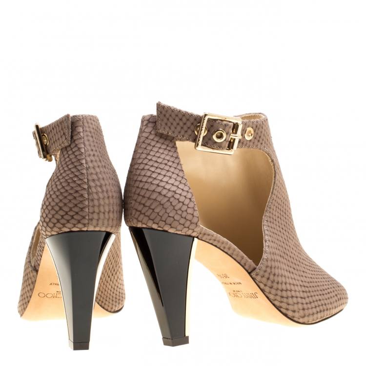 Pre Owned Jimmy Choo Light Brown Snake Embossed Leather Peep Toe Booties Size 35.5