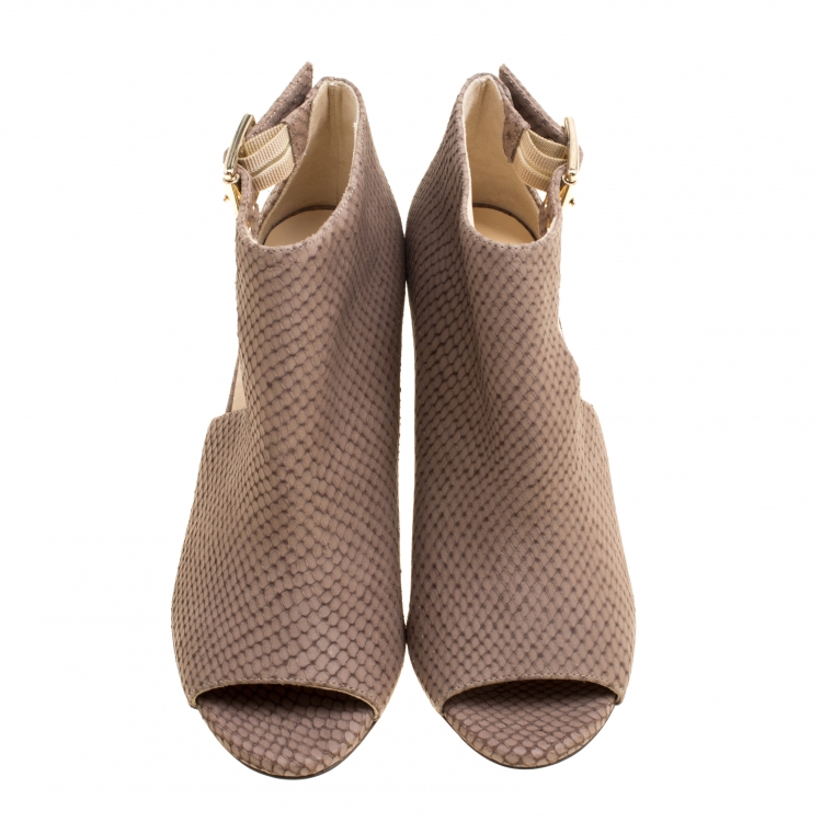 Pre Owned Jimmy Choo Light Brown Snake Embossed Leather Peep Toe Booties Size 35.5
