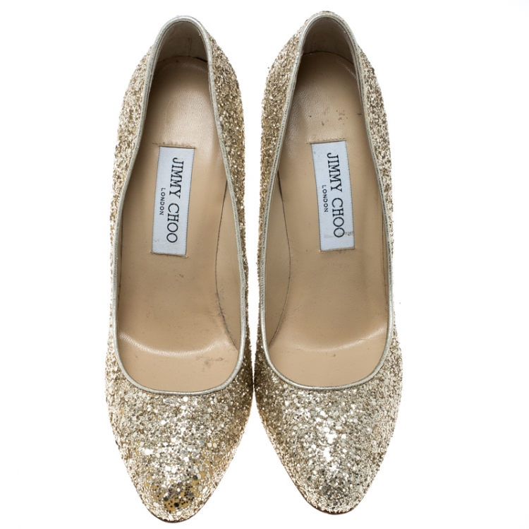 Pre Owned Jimmy Choo Metallic Gold Coarse Glitter Victoria Pumps Size 39