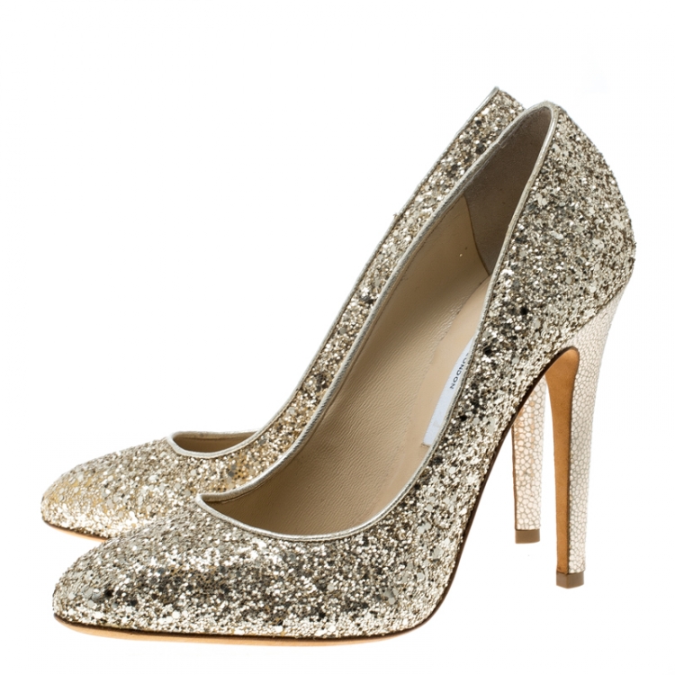 Pre Owned Jimmy Choo Metallic Gold Coarse Glitter Victoria Pumps Size 39