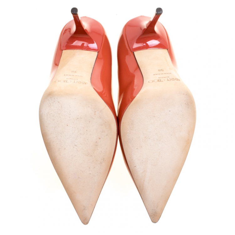 Pre Owned Jimmy Choo Agate Orange Patent Leather Agnes Pointed Toe Pumps Size 38