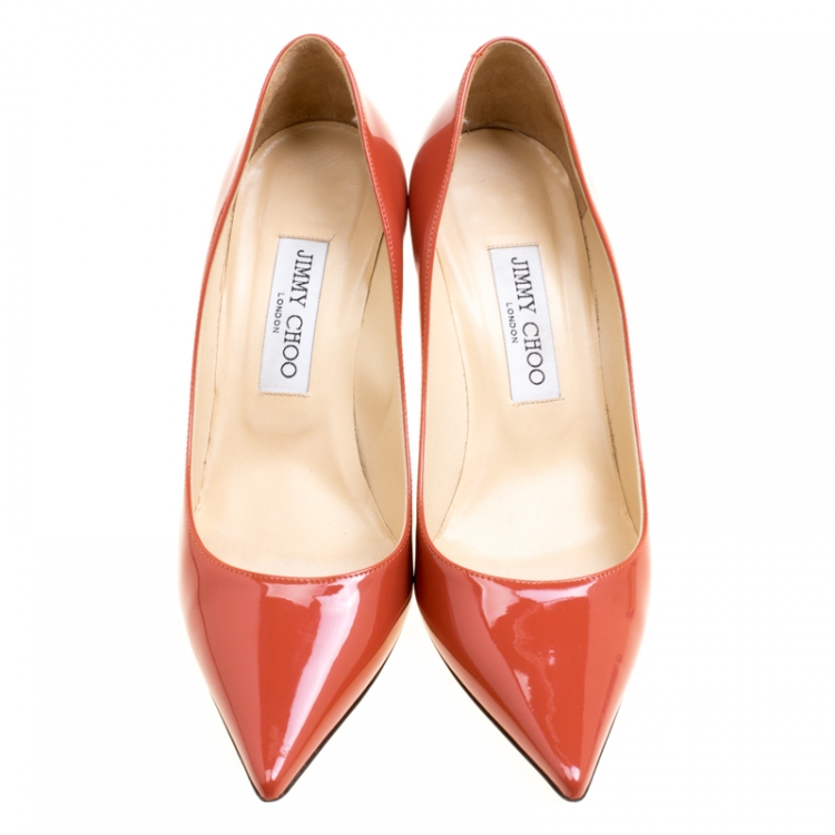 Pre Owned Jimmy Choo Agate Orange Patent Leather Agnes Pointed Toe Pumps Size 38