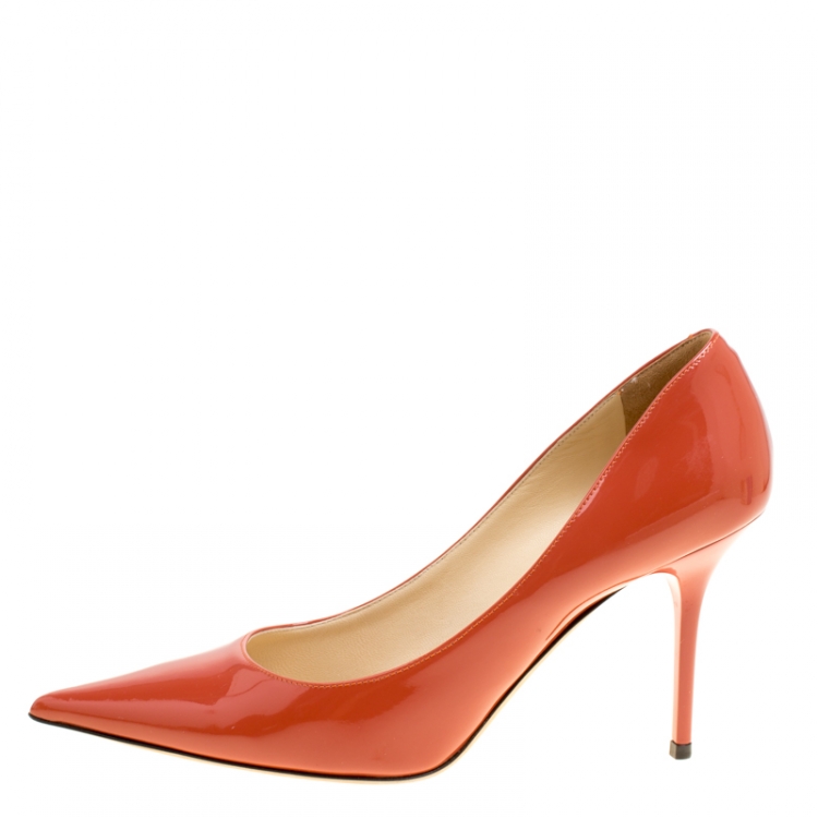Pre Owned Jimmy Choo Agate Orange Patent Leather Agnes Pointed Toe Pumps Size 38