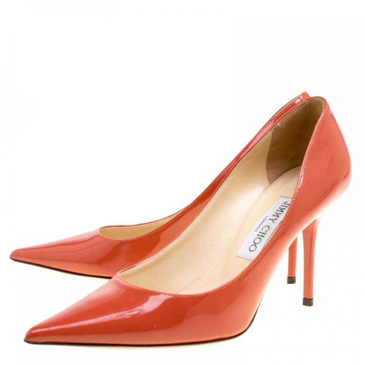 Pre Owned Jimmy Choo Agate Orange Patent Leather Agnes Pointed Toe Pumps Size 38