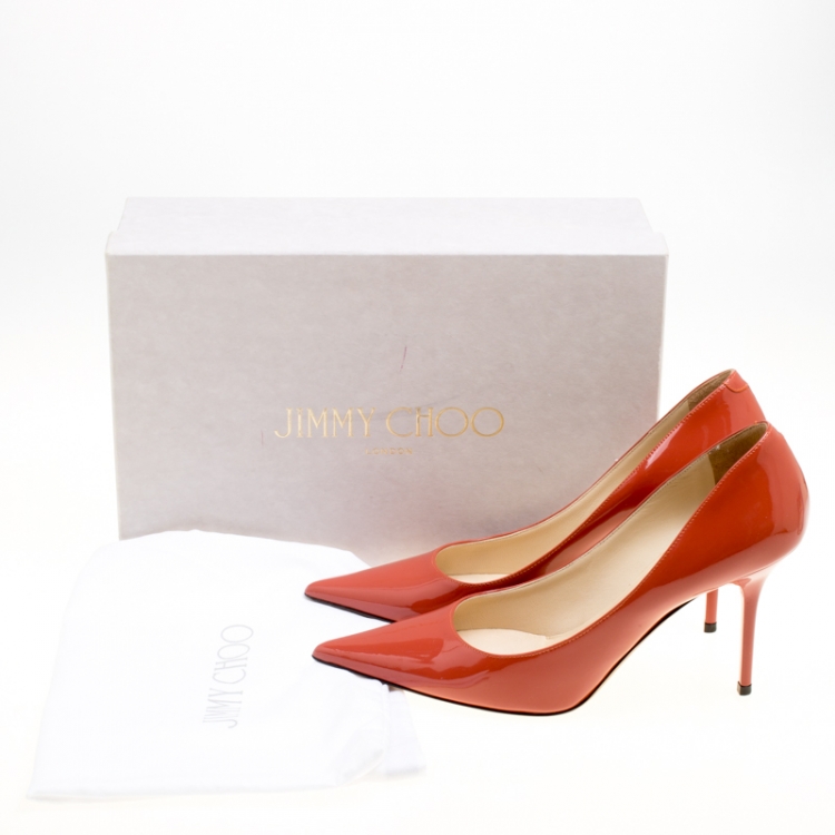 Pre Owned Jimmy Choo Agate Orange Patent Leather Agnes Pointed Toe Pumps Size 38