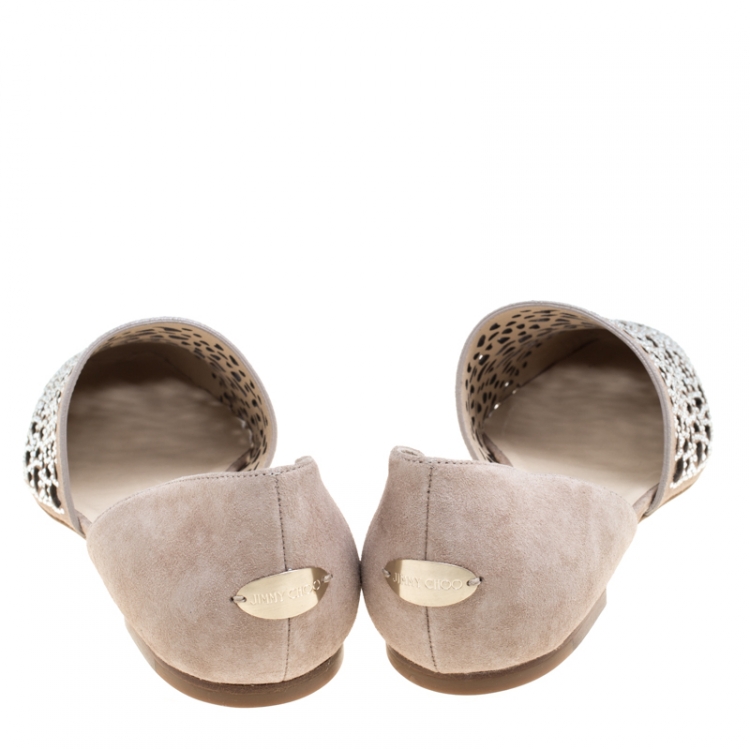 Pre Owned Jimmy Choo Beige Laser Cut Suede Globe Crystal Embellished D'orsay Flats Size 37.5