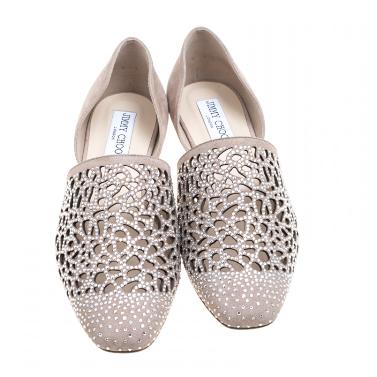 Pre Owned Jimmy Choo Beige Laser Cut Suede Globe Crystal Embellished D'orsay Flats Size 37.5