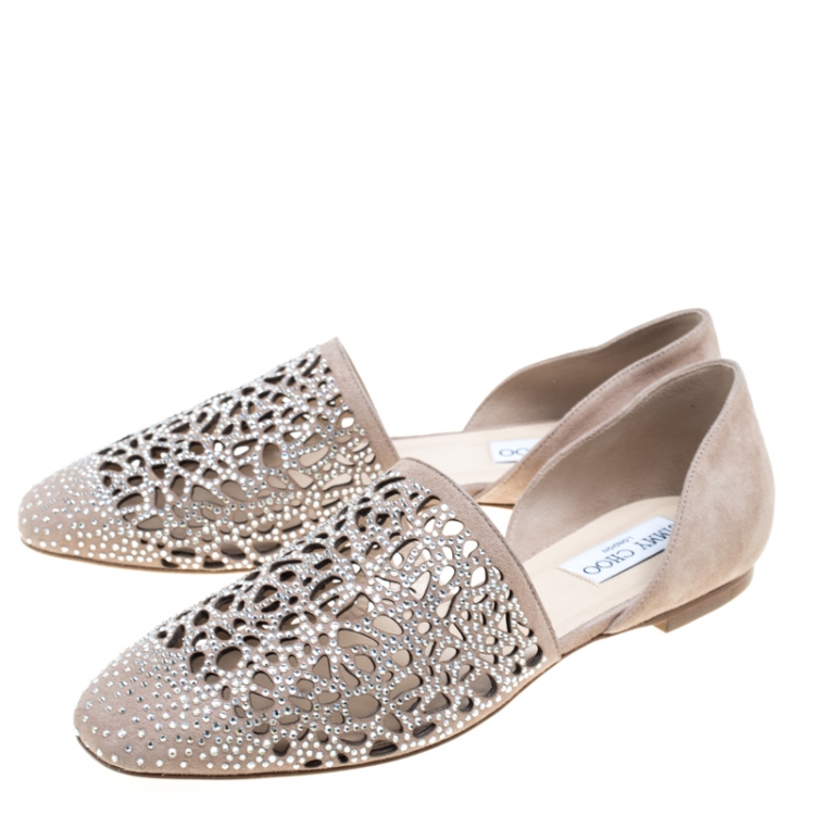 Pre Owned Jimmy Choo Beige Laser Cut Suede Globe Crystal Embellished D'orsay Flats Size 37.5