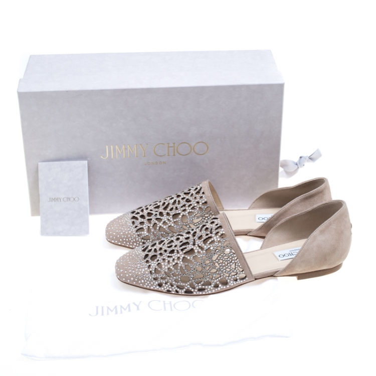 Pre Owned Jimmy Choo Beige Laser Cut Suede Globe Crystal Embellished D'orsay Flats Size 37.5