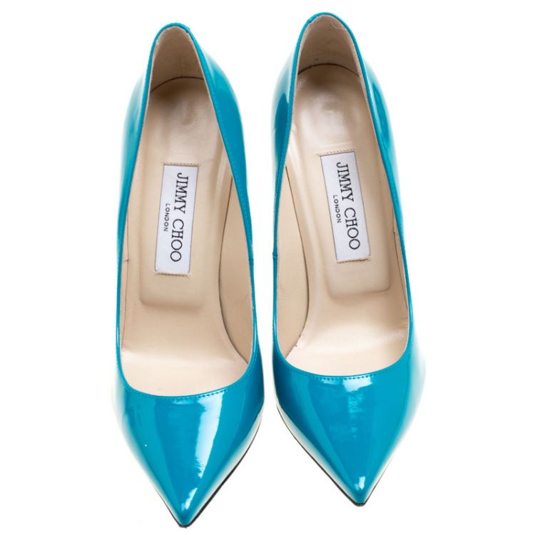 Pre Owned Jimmy Choo Teal Patent Leather Anouk Pumps Size 37.5