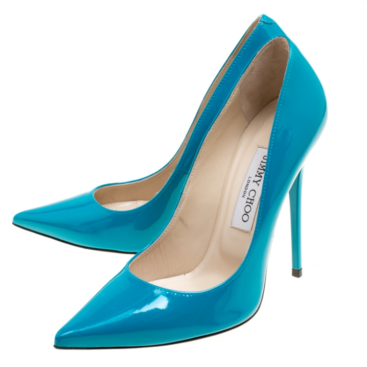 Pre Owned Jimmy Choo Teal Patent Leather Anouk Pumps Size 37.5