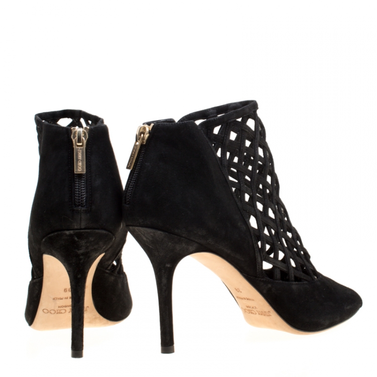Pre Owned Jimmy Choo Black Suede Drift Cutout Peep Toe Booties Size 39