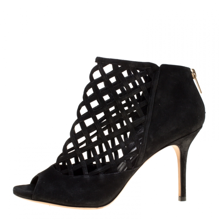 Pre Owned Jimmy Choo Black Suede Drift Cutout Peep Toe Booties Size 39